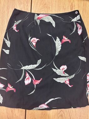 Tommy Bahama Silk Black Wrap Skirt with Pink Floral Motif